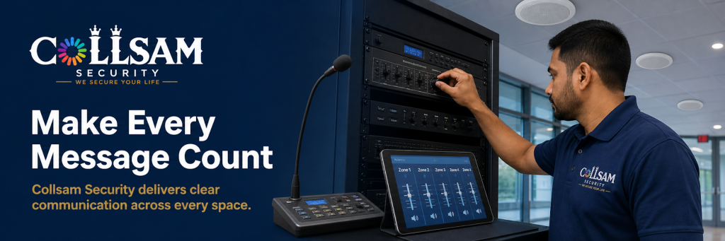 Collsam Security technician configuring a commercial public-address system with a paging microphone, audio rack, zone controls, and ceiling speakers.