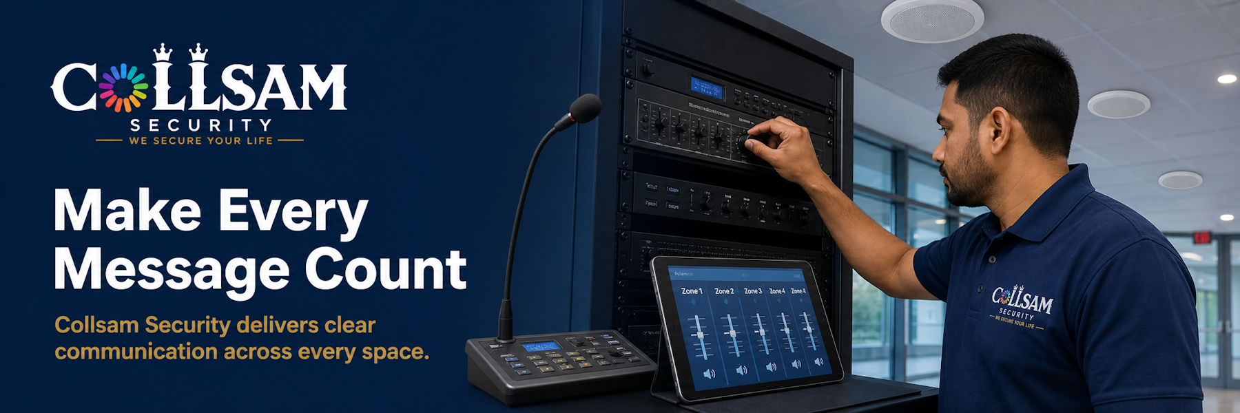 Collsam Security technician configuring a commercial public address and paging system.