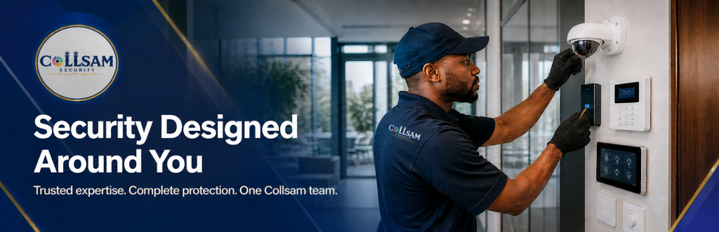 Collsam Security technician installing an integrated security camera, access control reader, alarm keypad, and smart security controls.
