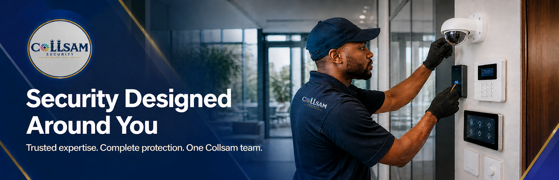 Collsam Security technician installing an integrated security camera, access control reader, alarm keypad, and smart security controls.