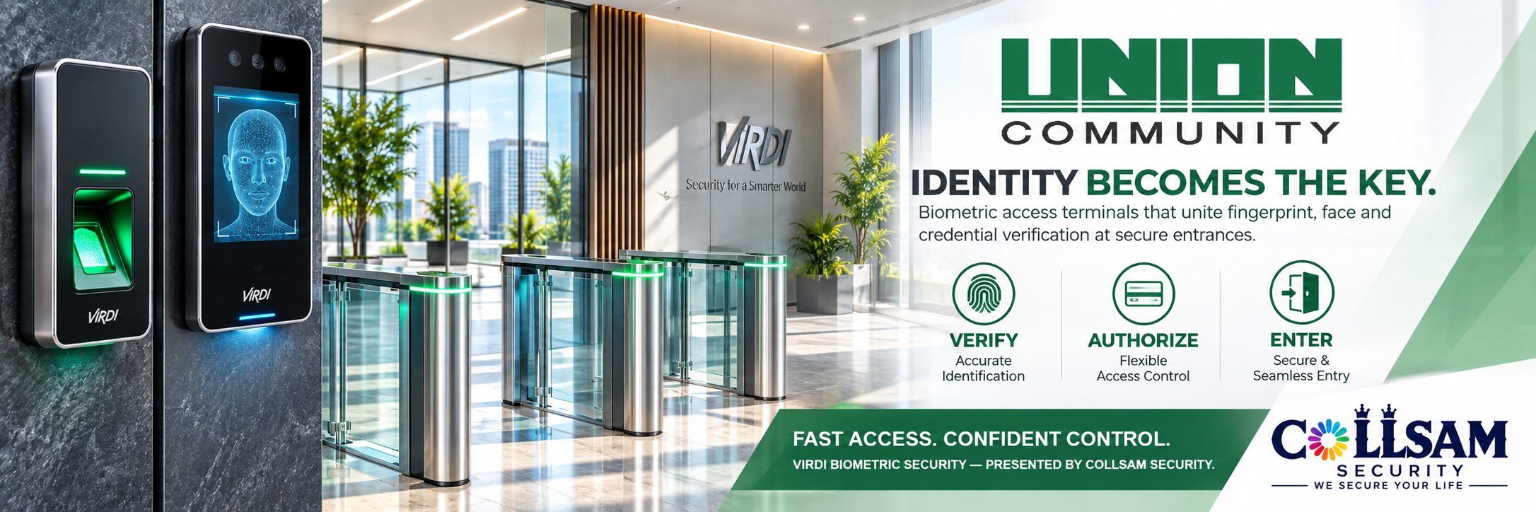 ViRDI biometric access control with fingerprint, facial recognition and credential verification