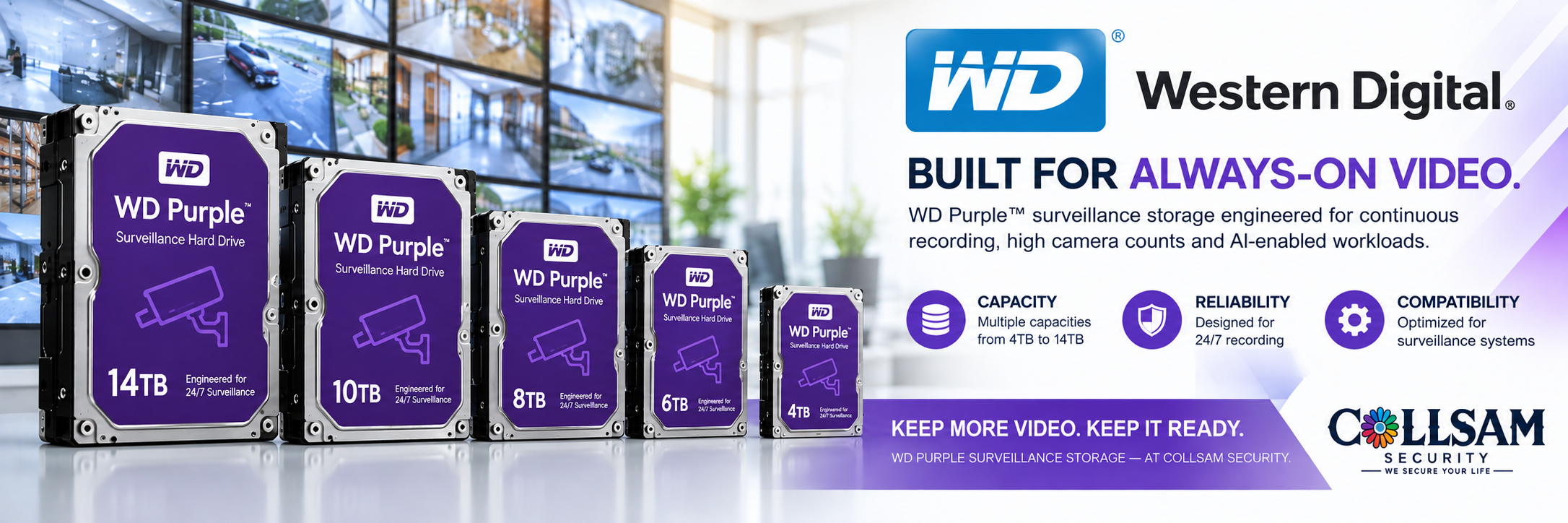 Western Digital WD Purple surveillance hard drives for continuous video recording and security systems