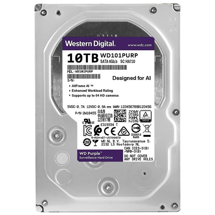 Western Digital WD101PURP 10TB WD Purple Pro surveillance hard drive front view