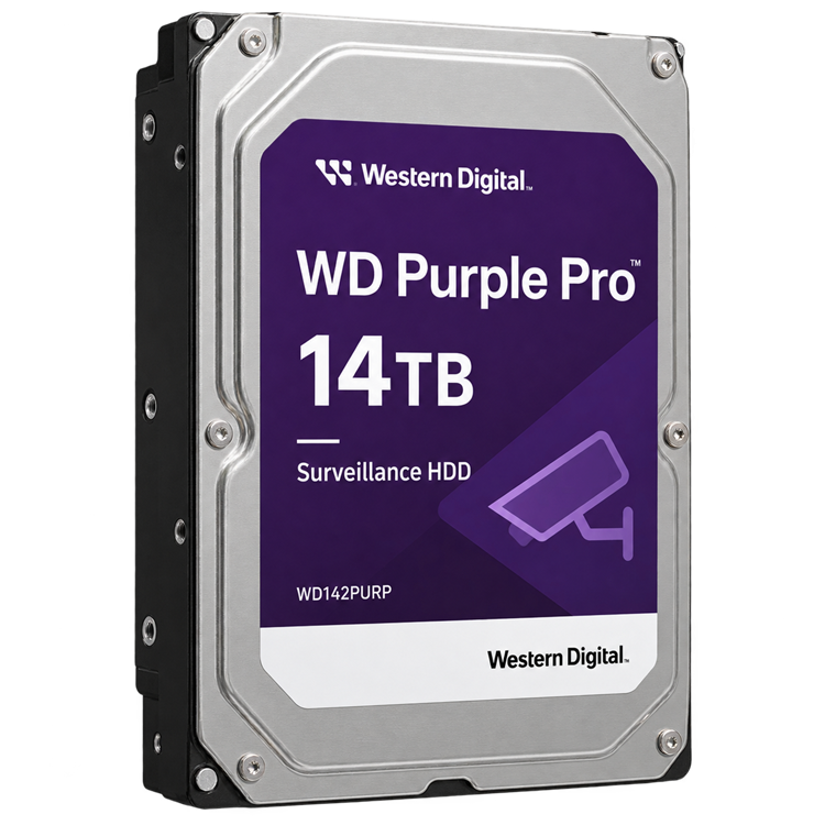 Western Digital WD142PURP 14TB WD Purple Pro surveillance hard drive left-side view