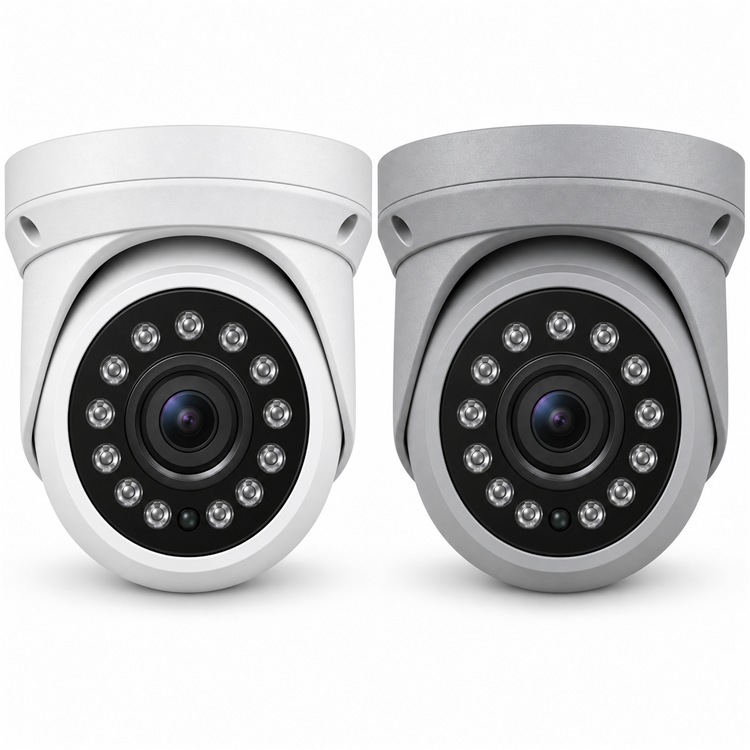 Front view of white and gray Eyemax UIU-P4122 4MP EX-SDI turret cameras