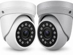 White and gray Eyemax UIU-P4122 4MP EX-SDI turret cameras angled toward each other