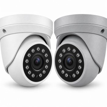 White and gray Eyemax UIU-P4122 4MP EX-SDI turret cameras angled toward each other