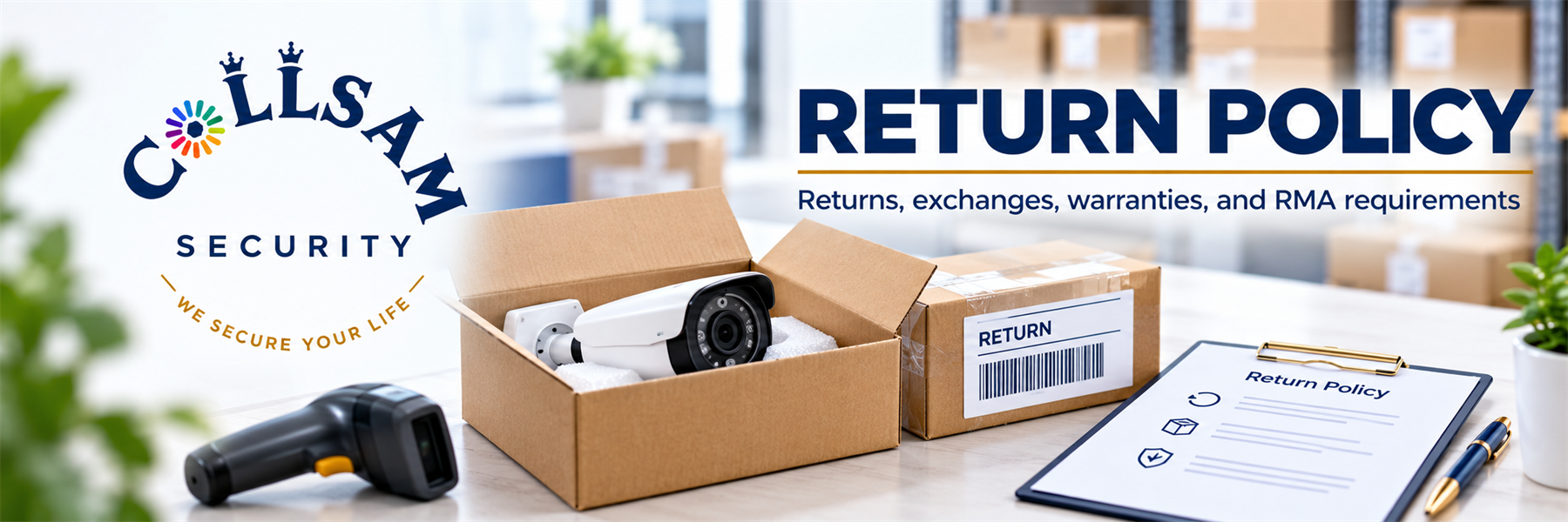 Collsam Security Return Policy banner for returns, exchanges, warranties, and RMA requirements