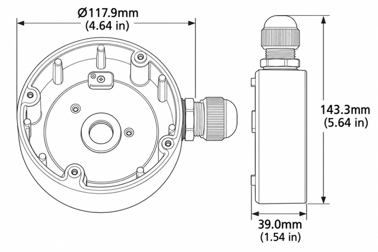 ENS Security B6-W-2 camera bracket dimension diagram in millimeters and inches