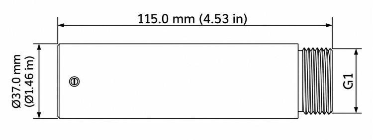 EX-100W camera extension tube dimensions showing 115 mm length and 37 mm diameter