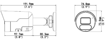 Uniview IPC2124SR-ADF28KMC-DL-H3 camera dimensions showing side and front measurements